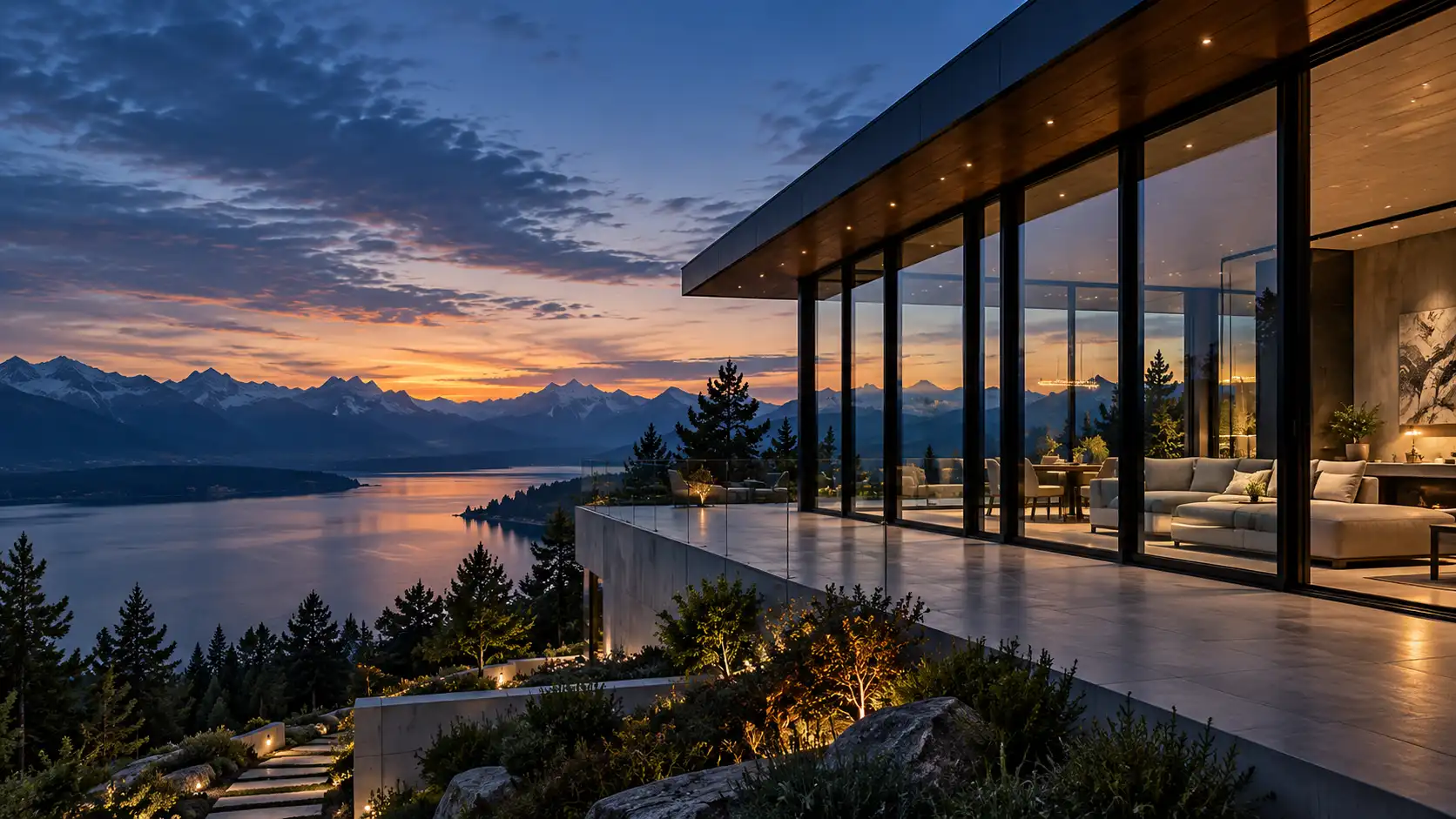 Luxury residence with expansive architectural glass and mountain lake view