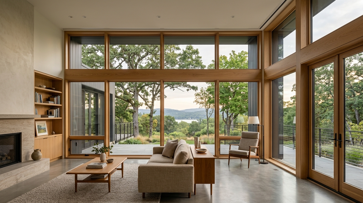 Expansive floor-to-ceiling aluminum-clad wood windows in a luxury residence