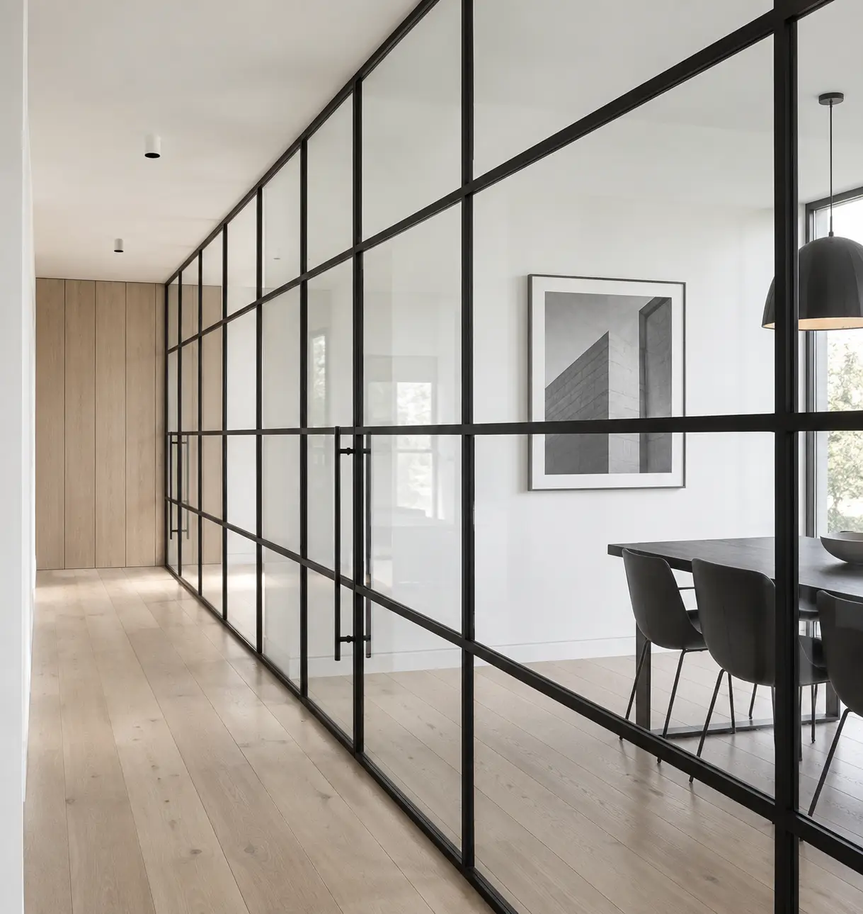 Custom interior steel glass partition span