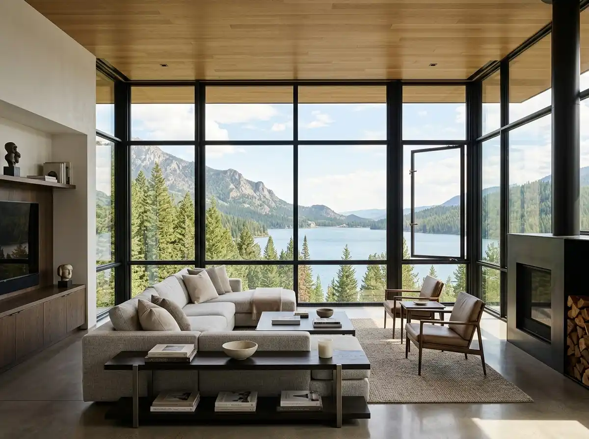 Expansive architectural steel window opening overlooking mountain landscape